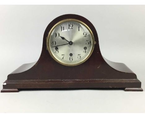 MAHOGANY MANTEL CLOCK,42cm wide, along with a vintage 'The Premier Jewel Electric Iron' in original box and a pair of binocul