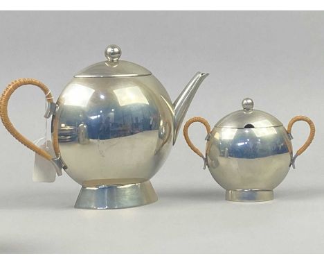NICK MUNRO PEWTER THREE PIECE TEA SERVICE,along with four other dishes (7)
