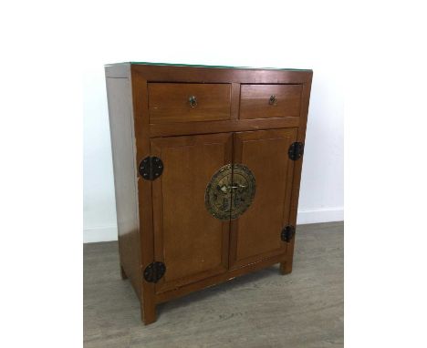 CHINESE HARDWOOD CHEST AND DISPLAY CABINET,the chest with two short drawers over twin cupboard doors with decorative lock enc