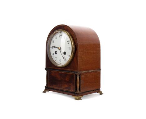 EDWARDIAN EIGHT DAY MANTEL CLOCK,mahogany cased of domed form, the enamelled dial set with Arabic numerals, twin turned brass