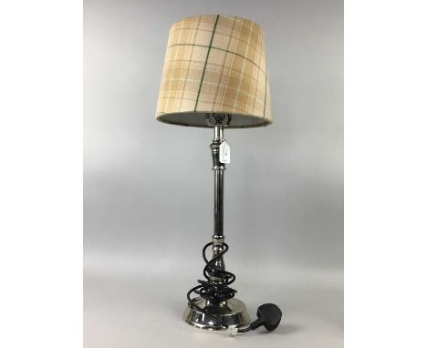 CHROMED TABLE LAMP BY COACH HOUSE FURNITURE, with tweed shade, 66.5cm high, along with a smaller table lamp (2)