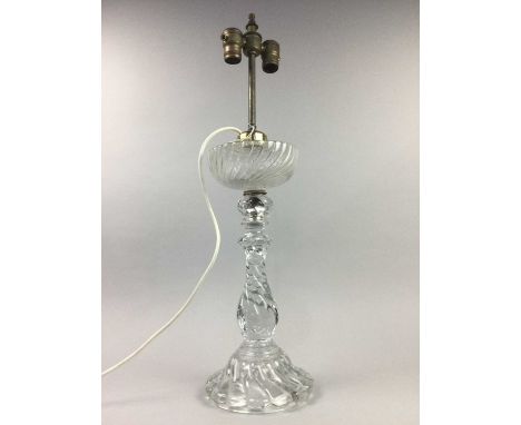 GLASS TABLE LAMP,with lobed circular base, 71cm high overallNot tested, no guarantee of working order, fixture stands at an a