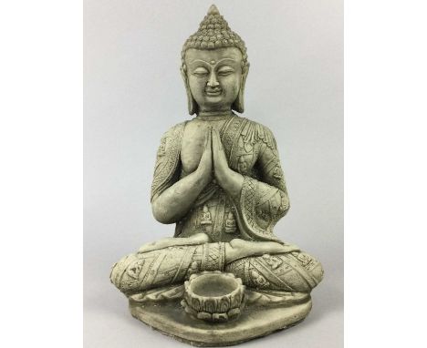 BUDDHA STATUE,along with a group of other Buddha statues, also a modern circular glass topped occasional table (6)