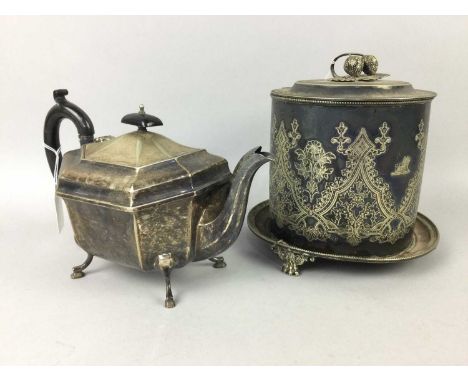 VICTORIAN SILVER PLATED BISCUIT BARREL,along with a basket with swing handle, tea pot, pair of boat shaped dishes and other m