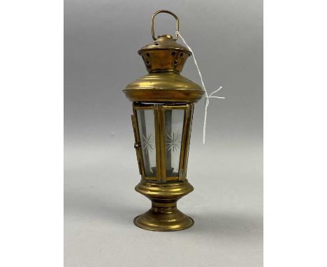 SMALL BRASS LANTERN,20.5cm high, along with other brass ware comprising a miniature fireside companion set, a model of 'The W