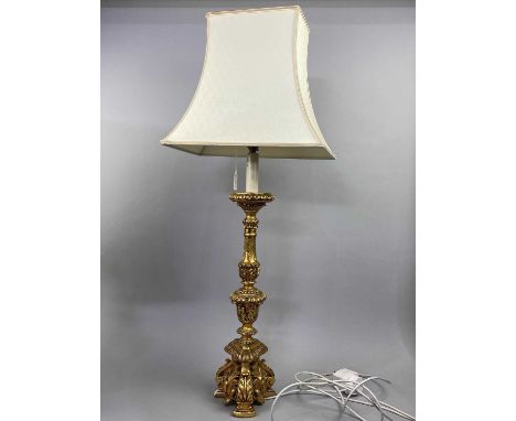 REPRODUCTION GILTWOOD TABLE LAMP,with cream shade, along with three ceramic table lamps (4)