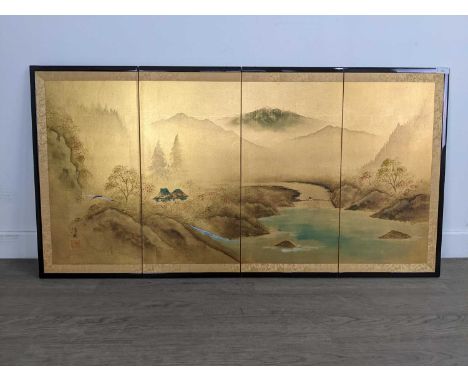 CHINESE GILDED FOUR SECTION PANEL,depicting a landscape, 119cm wide