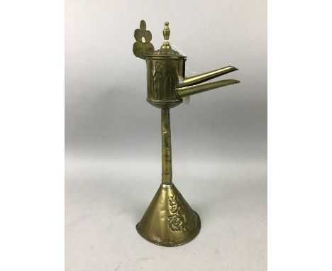 19TH CENTURY DUTCH BRASS WHALE OIL LAMP,inscribed 'DIKSMUYDE ANNO 1762', 35cm high, along with a brass cased compass (2)