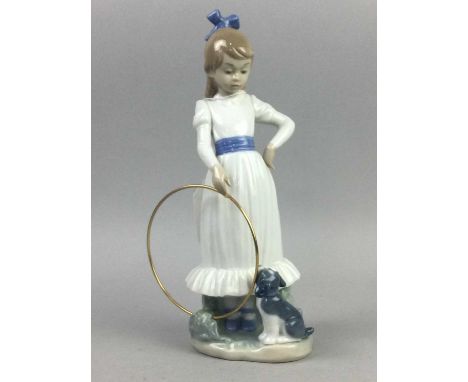 NAO MODEL OF A CAT,26cm long, along with three other Nao figures comprising a girl with a hoop and two other figures of girls
