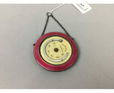 FRENCH SILVER AND GUILLOCHE ENAMEL THERMOMETER,with ivory dial, 7.7cm diameter, along with a plated half pint cocktail shaker