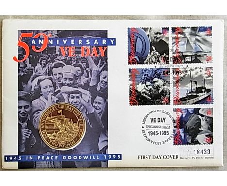 Guernsey 1995 50th Anniversary of VE Day Stamp set First Day Cover with Guernsey Liberation £2 Coin - Mercury Cover, Superb