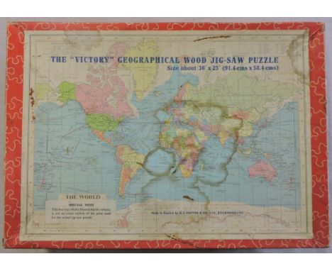 Vintage Jigsaw Puzzle, the "Victory" Geographical wood Jigsaw Puzzle, "The World" gide picture on box lid.