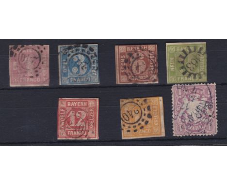 Germany (Bavaria) 1849 K blue, 1850 1 Kr red, g Kr brown, 9 Kr green, 12 Kr red (S.G. 18), 18 K yellow (S.G. 19 Cat £300) use
