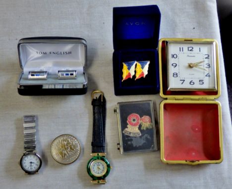 Travel Alarm Clock-Made by Timemaster-not working, also (2) ladies watches, pair of cuff links etc