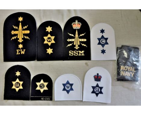 Royal Navy Patches - a collection of (13) Royal Navy trade patches, includes: C, W, SA, S, SSM, EW and Royal Navy rank slides