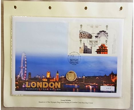 Great Britain 2008 (22/8) - Olympic Games, London, Handover from Being with £1 coin, mercury first day cover