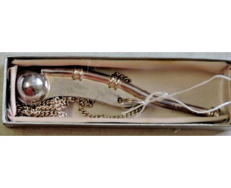 Bosuns Whistle given to Skipper Jim, Jan 1997 by  the R.N.A. Ipswich, white metal with lanyard chain. In its original gift bo