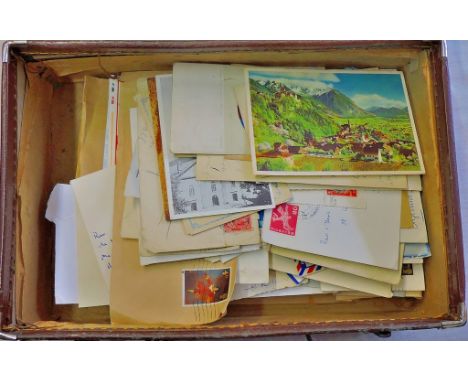 Postal History - A Vicars correspondence, early and modern in a small vintage hand case, some FDC's, Postcards etc (Qty)