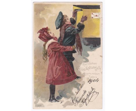 Austria 1904 Chromo New Year Card bt R. Maan - Children posting a card - a beautiful postcard. 