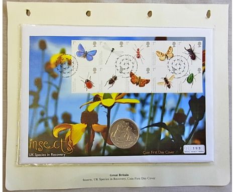 Great Britain 2008 - (15th April) insects set with Isle of Man crown coin mercury, first day cover