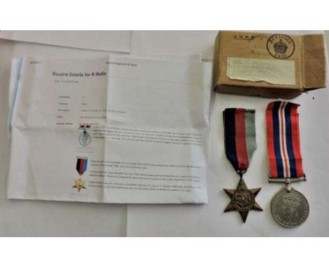 British WWII 1939-45 Star and 1939-45 War Medal to F/O. R. Rellie, Officer of the Royal Air Force Volunteer Reserve. In origi