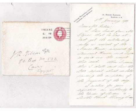 Great Britain, 1908 (Egypt) Letter London to J.R Gibson P.O Box 522 Cairo , Ex Gibson correspondence