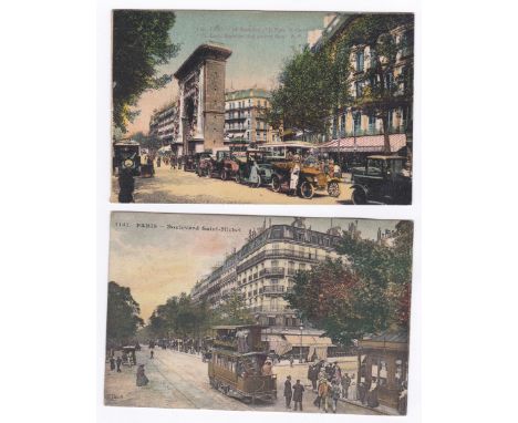 France/Paris - Two early colour cards - Boulevard Saint Michel with LES HALLES TRAM and a good deal of activity, another St. 