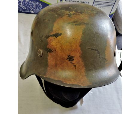 German WWII SS Painted 1935 Pattern Stahlhelm with Army camo paint, stamped inside: 2343-ET64 with a faint soldiers name writ