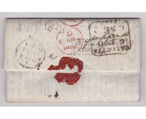 India 1831 EL m/s By the first ship' Calcutta/ship letter (boxed in black) to Rugby with boxed 'India Letter/Kings Post, m/s 