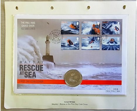 Great Britain 2008 - Safety at sea, sea with Isle of Man crown coin, mercury first day cover