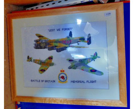 Battle of Britain Memorial Flight Framed tapestry, showing Spitfires and Lancaster bomber with the script "Lest We Forget" at