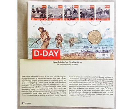 Great Britain P&N 1994  'D' Day 50th Anniversary 50 Pence Coin and Stamp set, First Day Cover