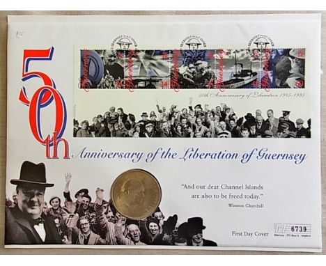 1995-Victory in Europe VE Day, 50th Anniversary £5, Isle of Man coin and stamp set, First day cover