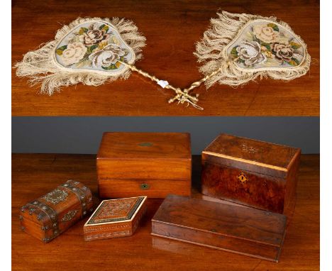 A 19th century burrwood and inlaid tea caddy 20.5cm wide x 11.5cm deep x 12cm high together with a diamond shaped lidded box,