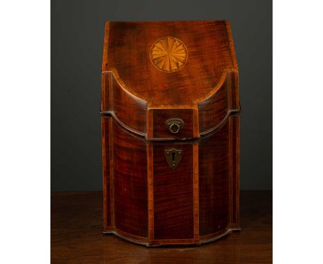 A George III mahogany and stainwood inlaid knife box with a shaped front, interior altered to a stationary box, 15cm wide x 1