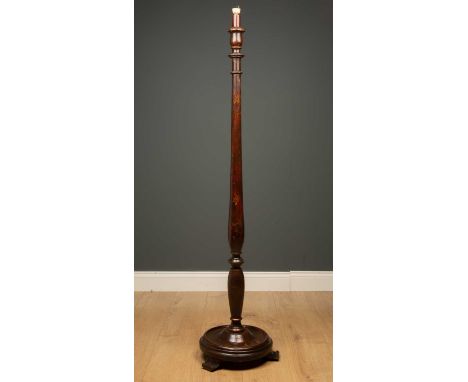 A chinoiserie lacquered standard lamp with a turned base and three scroll feet, overall 146cm in heightCondition report: Need
