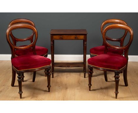A 19th century mahogany side table with single drawers and concave undertier, on carved turned supports, 58.5cm wide x 39.5cm
