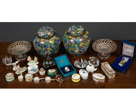 A pair of cloisonne ovoid jars and covers with floral decoration on a green ground together with a 19th century porcelain snu