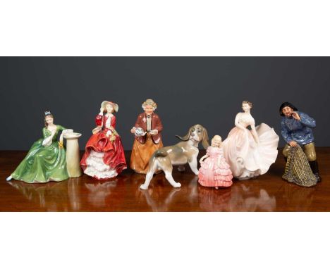 A collection of six Royal Doulton figures comprising 'The Polka' HN2156; 'Top O'The Hill' HN1834; 'Sea Harvest' HN2257; 'Secr