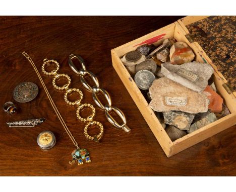 A small group of jewellery, coins and mineral samples to include a Mexican mother of pearl and white metal brooch, a white me