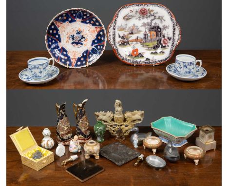 A collection of Asian ceramics to include a pair of Japanese foliate embossed incense burners, 7.5cm diameter; a pair of tall