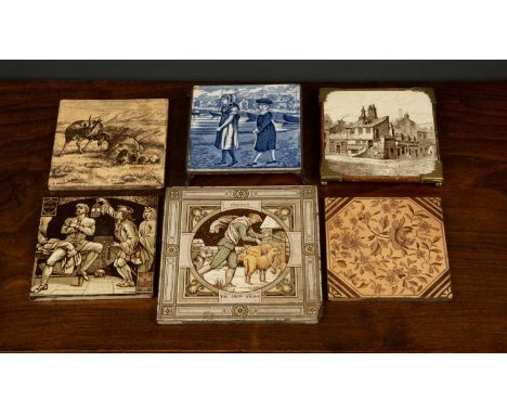 A group of six antique tiles to include a Josiah Wedgwood and Sons; a Minton Rob Roy in Glasgow Tollbooth tile, 15.5cm square