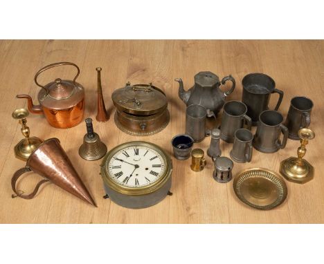 A group of metalware to include a pewter teapot stamped by James Allan Sheffield; six pewter tankards, two stamped English Pe