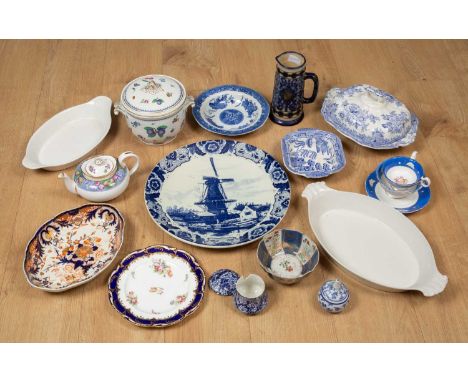 A group of blue and white ceramics to include a Willow pattern square dish and bowl, a Spode teapot, a blue and white dish an