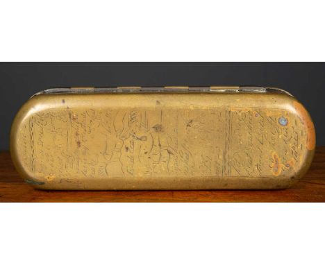 A Dutch 18th century brass snuff box, the hinge lid and base hand engraved with Dutch biblical style proverbs and figures, hu