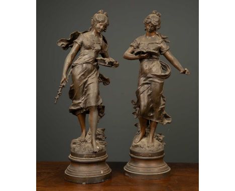 Two late 19th / early 20th century Spelter figures 'Fremiers Fruits' and 'Lalecture', each 60cm in heightCondition report: On