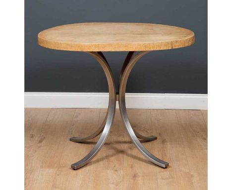 An oval oak topped garden table, on stainless steel pedestal base, 88cm wide x 94cm deep x 76cm highCondition report: Dents, 