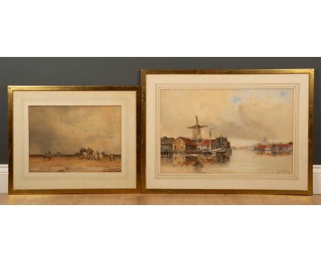 Louis Van Staaten (1836-1909) A Dutch canal scene with a windmill, watercolour, 35cm x 55cm together with a 19th century low 