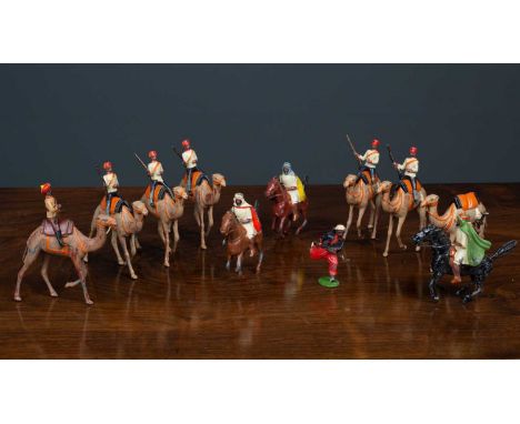 Britains part set 48 of Egyptian Army Camel Corps, unboxed, with five riders and six camels c. 1896, together with a Bikanir 