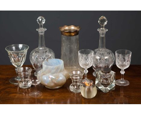 A collection of glassware to include a silver lidded cut glass inkwell, 9cm high; a silver collared glass pot, 5.5cm high; a 